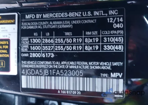 2015 Mercedes-Benz Ml 350 from USA, damaged, VIN 4JGDA5JB1FA523005